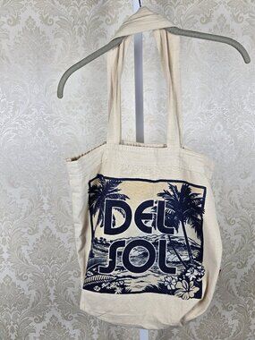 Del Sol Cream Cotton Canvas Tote Back Blue Graphics Color Changing In The Sun